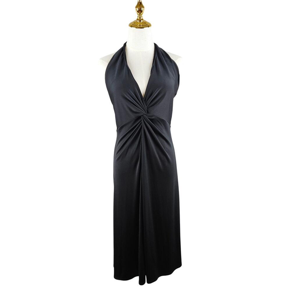 Y2k Express Black Halter Midi Dress Twist Front Stretch Minimalist Size 7/8